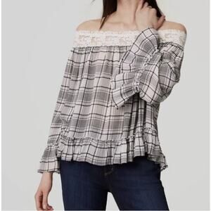 LOFT Off The Shoulder Lace Trim Plaid Top, Size Large, EUC